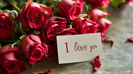 Bouquet of red roses and card with text I love you