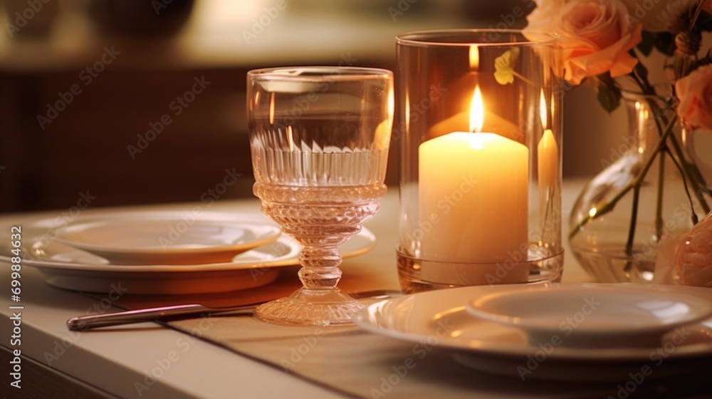 Poster the flickering candles create a romantic setting for two, with the soft light reflecting off the gla