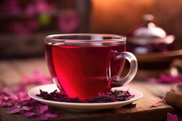 A picturesque closeup shot of a perfectly brewed cup of hibiscus tea, tinged in a deep crimson color, showcasing its natural tartness with a subtle underlying sweetness, promising a refreshing