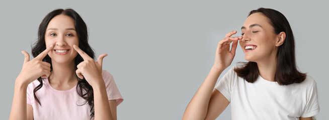 Young woman touching her nose on light background, closeup