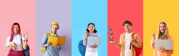Set of modern students on color background