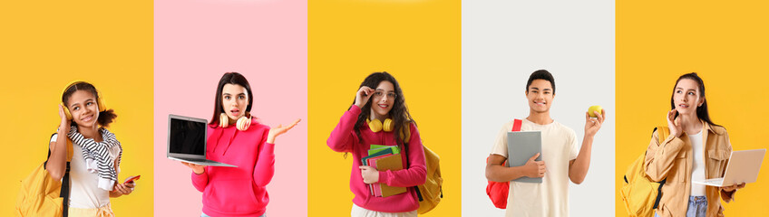 Group of modern students on color background