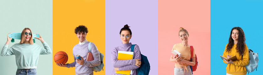 Collage of modern students on color background