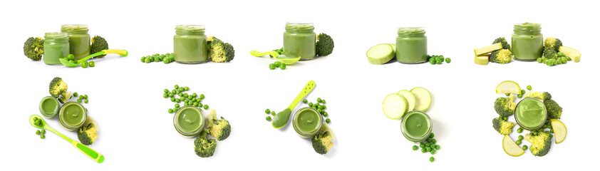 Collage of green baby food in jars on white background