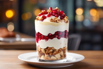 This shot captures a delectable Greek yogurt parfait expertly arranged in a tall glass, featuring layers of tangy pomegranate seeds, smooth banana slices, and a generous scoop of velvety