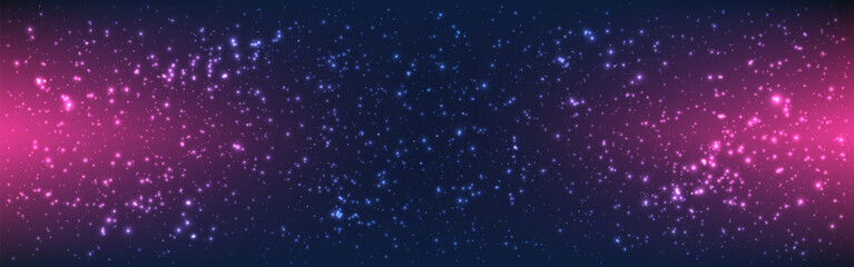 Violet cosmos. Universe background wide. Beautiful deep space. Infinity stardust effect. Starry gradient wallpaper. Outer space with shining stars. Vector illustration