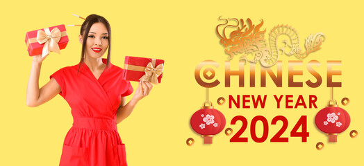 Festive banner for Chinese New Year 2024 with young Asian woman and gifts