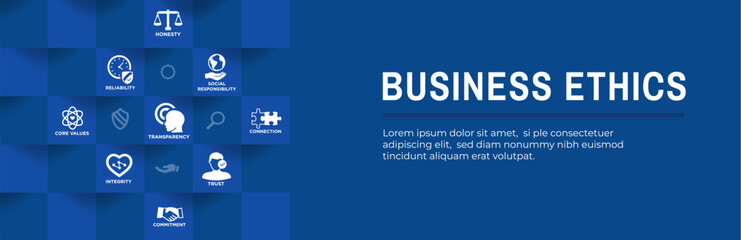 Business Ethics Web Header Banner with Values and Integrity Icons