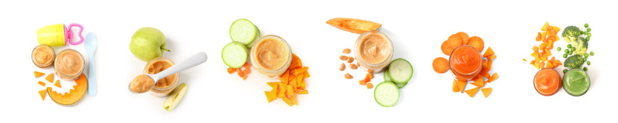 Collage of healthy baby food in jars on white background, top view