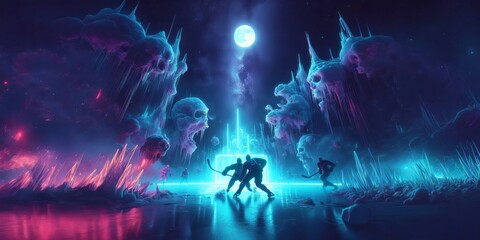 ice hockey - ice hockey match - battle of the ice and fire digital neon 3d illustration in space 