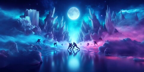 Ice hockey - neon 3d illustration - 2 teams battle on the ice ground in the galaxy - digital neon 3d illustration in space.
