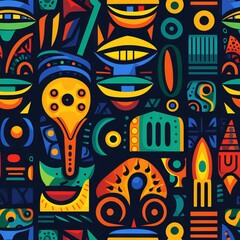 repeating abstract pattern with African mask Motifs