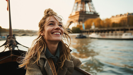 Blonde woman travels in Paris France and sees the Eiffel Tower from Seine River. - obrazy, fototapety, plakaty