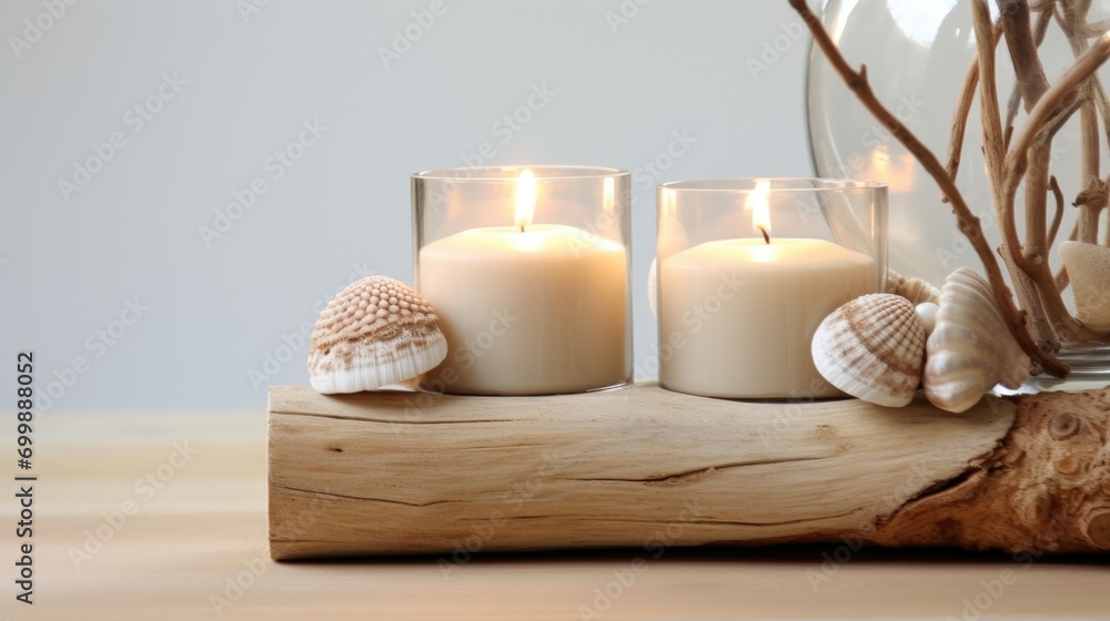Poster a handcrafted driftwood candle holder adorned with seashells and a tealight candle, perfect for a co