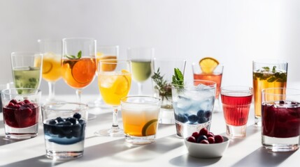 variety of exotic cocktails with fruits and rosemary on white background