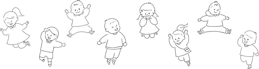 ジャンプする８人の子供の線画