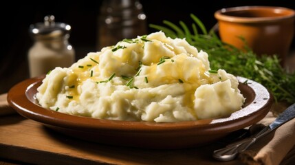 A mound of mashed potatoes with a rustic texture, mottled with visible pieces of tender potato skin, drenched in a luscious gravy, creating a harmonious blend of creamy and chunky goodness.