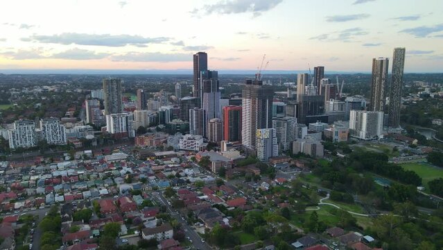 Aerial drone view of Parramatta cbd in Sydney, NSW Australia during a late afternoon sunset in December 2023