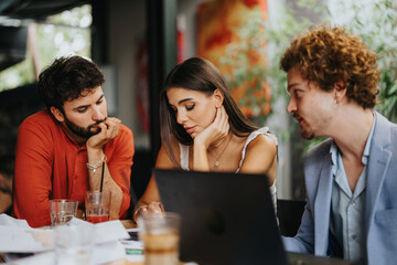 Architects, engineers, and designers discussing a blueprint at a coffee bar. Successful project planning and cooperation. Creative ideas for urban planning and infrastructure.