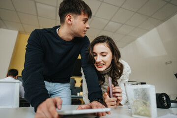 Business professionals collaborating in a dynamic office, achieving profit growth and market expansion through strategic planning and innovative ideas.