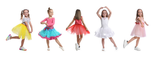 Cute little girls dancing on white background, set of photos