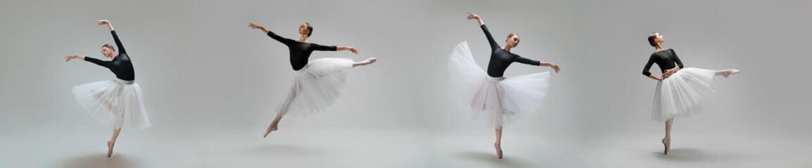 Ballerina practicing dance moves on grey background, set of photos
