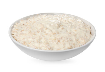 Tasty boiled oatmeal in bowl isolated on white