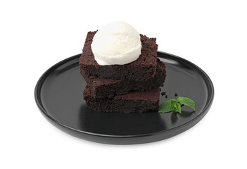 Tasty brownies with ice cream and mint isolated on white