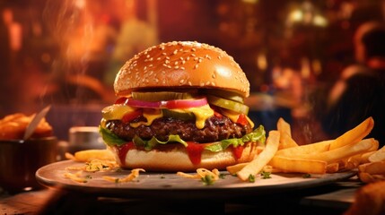 Indulge in a TexMex delight with a juicy beef burger, enhanced by melted pepper jack cheese, tangy salsa, creamy guacamole, and a crunchy tortilla chip garnish, all housed in a soft pretzel