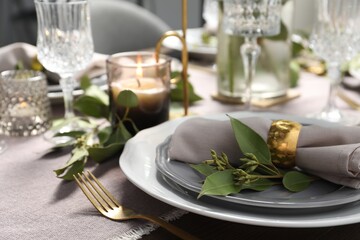 Beautiful table setting with floral decor, closeup. Space for text