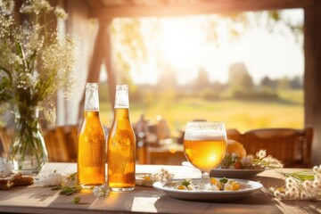 A picturesque scene unfolds, with a table set against a beautiful countryside backdrop, adorned with glassware filled with farmhouse ales. The radiant amber hue of the beer catches the eye,