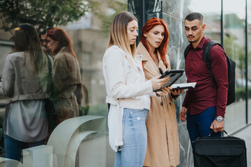 Business professionals brainstorming and collaborating in a modern urban city, utilizing data analytics and digital marketing to create successful strategies.