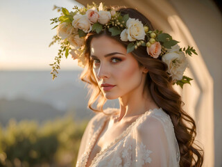 Bride standing in the morning in the honeymoon enjoying her time outdoors sensual look. Wedding photography.