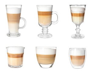 Delicious latte macchiato in different glasses on white background, set