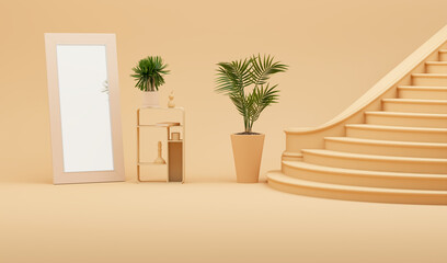 3D Stairway on peach fuzz is a trend colour year 2024. Minimal stair on apricot crush. Shelf with decoration and sofa, plant.