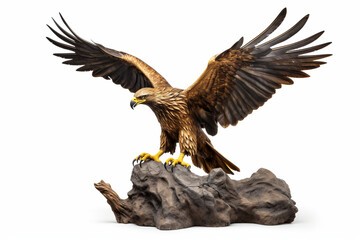The golden eagle statue spreads its wings to catch fish on the rock. isolated on white background