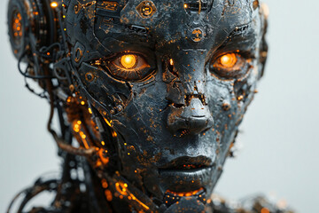 Robot woman, female cyborg portrait, humanoid cyber machine controlled by artificial intelligence, tech of the future, futuristic fantasy