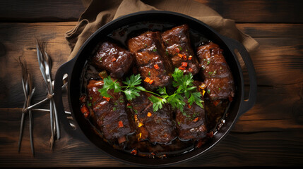 Top view on teriaki sauce beef ribs in a pan on the dark wooden table. AI Generative