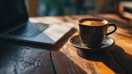 Cup of coffee with laptop on a wooden table bathed in sunlight - obrazy, fototapety, plakaty