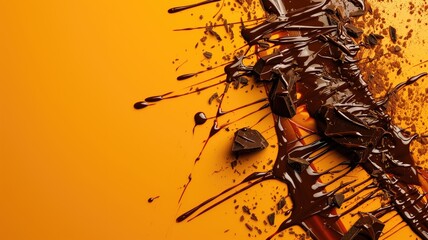 Explosion of chocolate pieces and drizzle on an orange background - obrazy, fototapety, plakaty