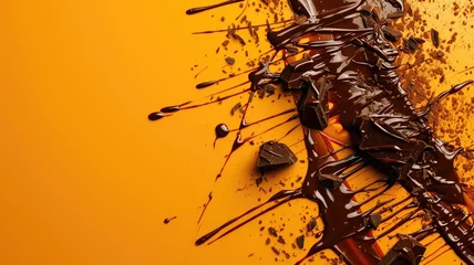 Fotobehang Explosion of chocolate pieces and drizzle on an orange background © Artyom