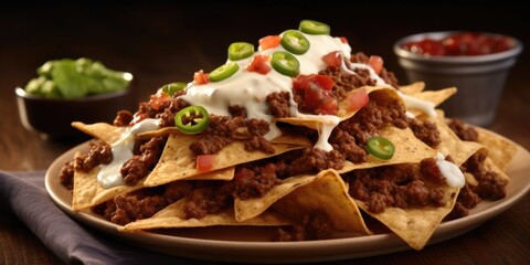 Indulge in the ultimate nacho fiesta with a medley of delectable toppings. Crisp tortilla chips are loaded with sctious ed ground beef, hearty pinto beans, and a tantalizing trio of cheeses - obrazy, fototapety, plakaty