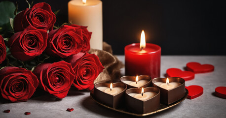 red roses, candles, chocolates
