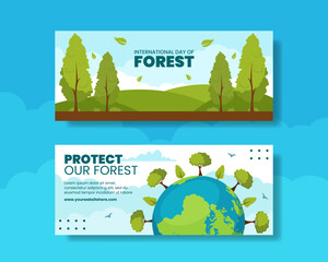 Fototapeta premium Forest Day Horizontal Banner Flat Cartoon Hand Drawn Templates Background Illustration