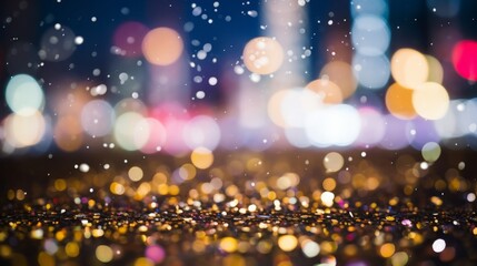 A multicolored background with bokeh blur in the rain in the city. 
