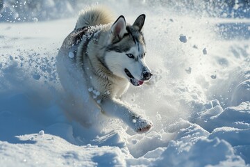 portrait of husky playing on snow - obrazy, fototapety, plakaty