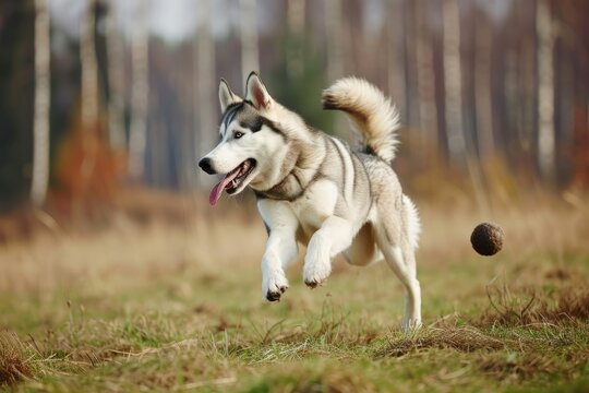 portrait of husky playing on the field