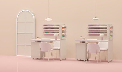 Beauty spa nail salon on pastel pink color trend 2024 background. Nail Bar and beauty salon for women and men. Place for manicure and nail care, pedic - obrazy, fototapety, plakaty