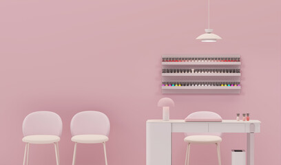 Beauty spa nail salon on pastel pink color trend 2024 background. Nail Bar and beauty salon for women and men. Place for manicure and nail care, pedic - Powered by Adobe