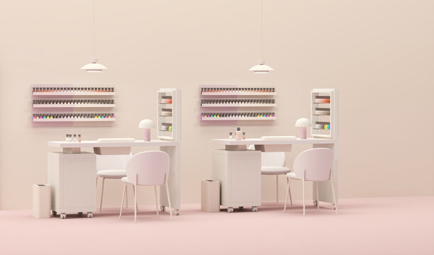 Beauty spa nail salon on pastel pink color trend 2024 background. Nail Bar and beauty salon for women and men. Place for manicure and nail care, pedic